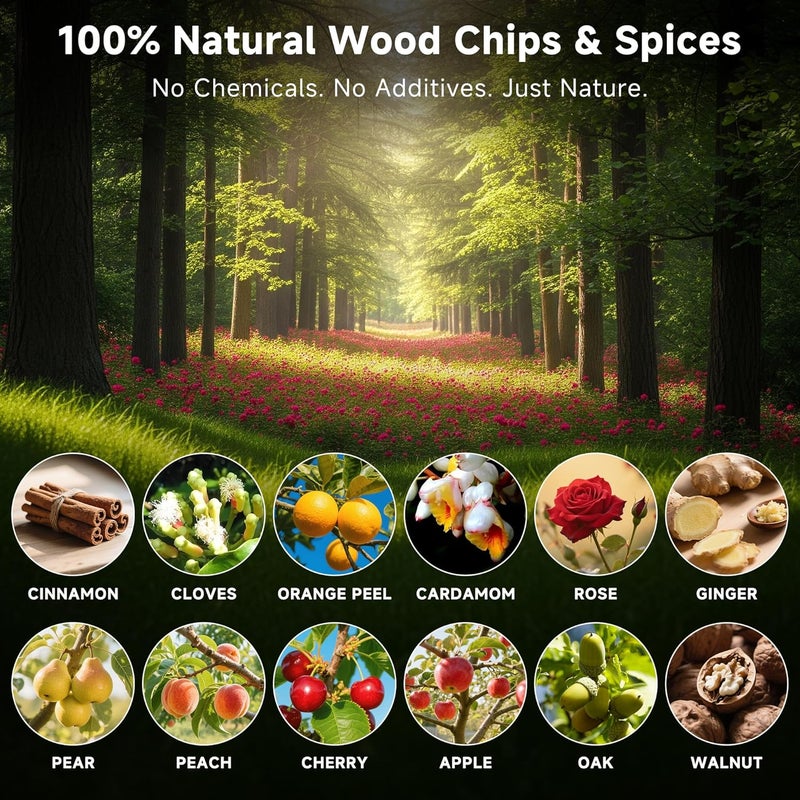 ComboJoy 12 Flavor Cocktail Smoker Wood Chips Gift Set for Men - Cinnamon, Cloves, Orange Peel, Cardamom, Rose, Ginger, Pear, Peach, Cherry, Apple, Oak, Walnut for Whiskey/Bourbon/Drinks Smoke Gun - Image 4